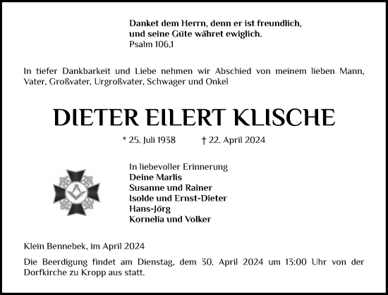 Traueranzeige von Dieter Eilert Klische von Schleswiger Nachrichten, Schlei-Bote