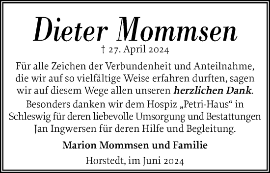 Traueranzeige von Dieter Mommsen von Husumer Nachrichten, Nordfriesland Tageblatt