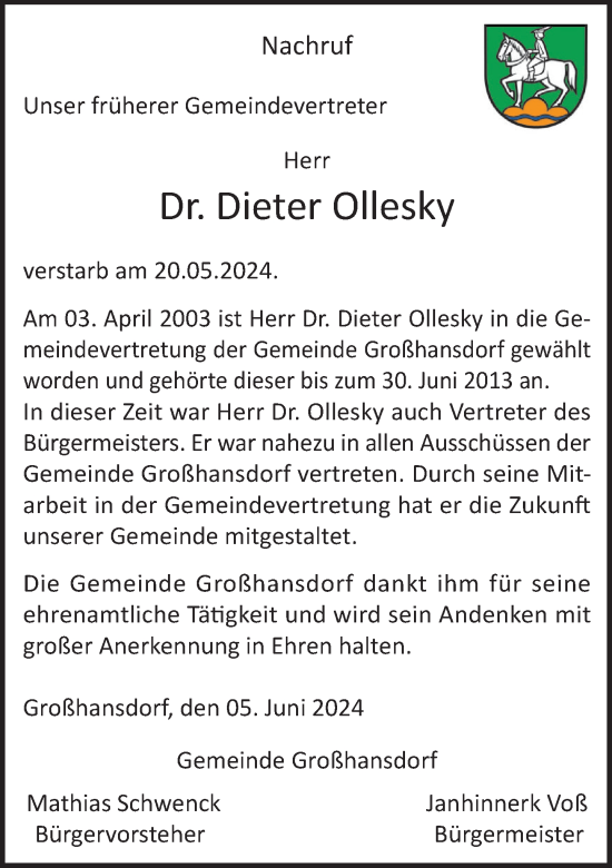 Traueranzeige von Dieter Ollesky von Stormaner Tageblatt