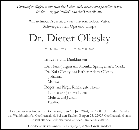 Traueranzeige von Dieter Ollesky von Stormaner Tageblatt