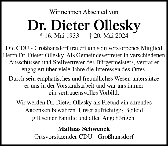 Traueranzeige von Dieter Ollesky von Stormaner Tageblatt
