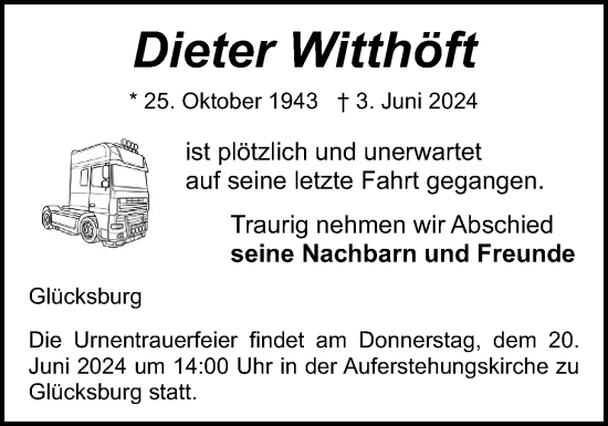 Traueranzeige von Dieter Witthöft von Flensburger Tageblatt