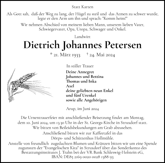 Traueranzeige von Dietrich Johannes Petersen von Schleswiger Nachrichten, Schlei-Bote