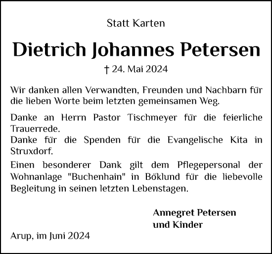 Traueranzeige von Dietrich Johannes Petersen von Schleswiger Nachrichten, Schlei-Bote