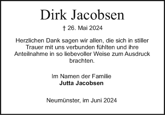 Traueranzeige von Dirk Jacobsen von Holsteinischer Courier