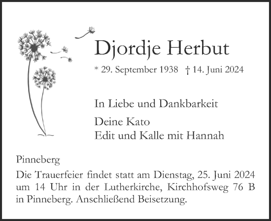 Traueranzeige von Djordje Herbut von Region Pinneberg und tip Pinneberg