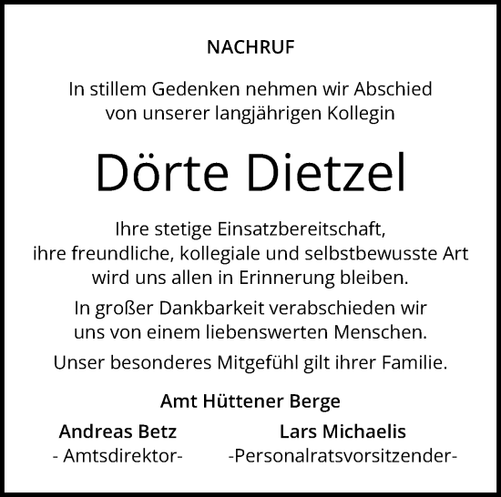 Traueranzeige von Dörte Dietzel von Schleswig-Holsteinische Landeszeitung