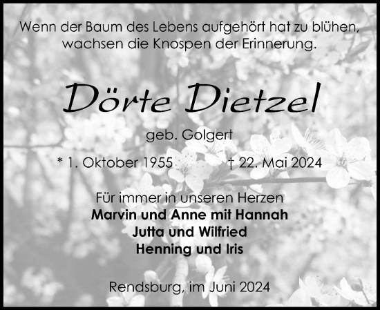 Traueranzeige von Dörte Dietzel von Schleswig-Holsteinische Landeszeitung