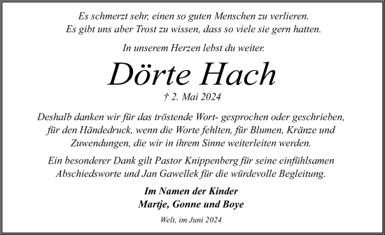 Traueranzeige von Dörte Hach von Husumer Nachrichten, Nordfriesland Tageblatt