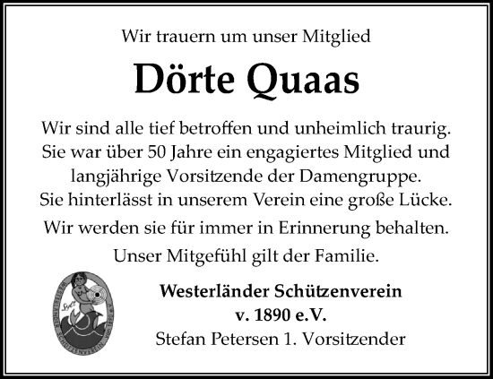 Traueranzeige von Dörte Quaas von Sylter Rundschau