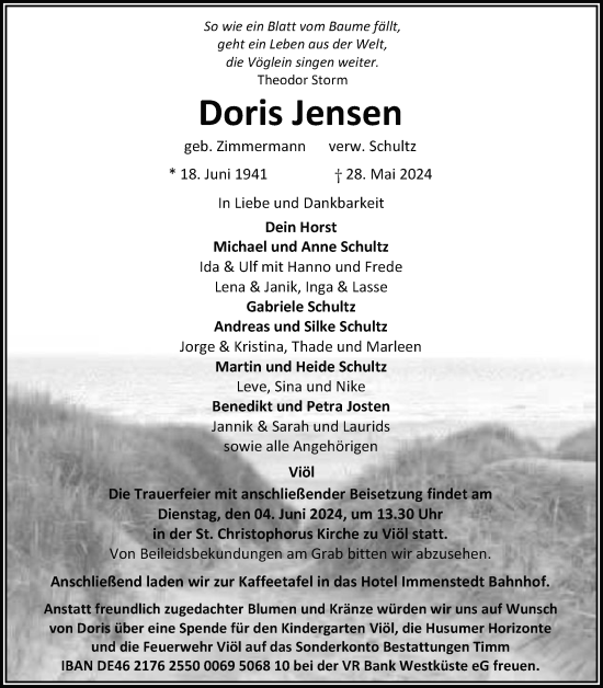 Traueranzeige von Doris Jensen von Husumer Nachrichten, Nordfriesland Tageblatt