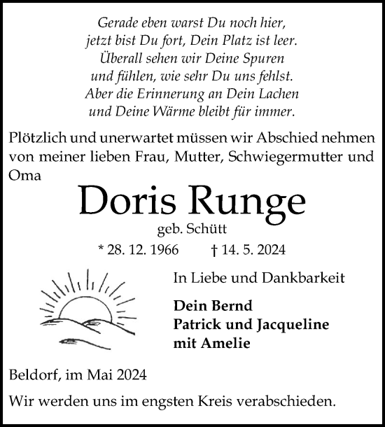 Traueranzeige von Doris Runge von Schleswig-Holsteinische Landeszeitung