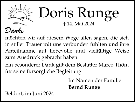 Traueranzeige von Doris Runge von Schleswig-Holsteinische Landeszeitung