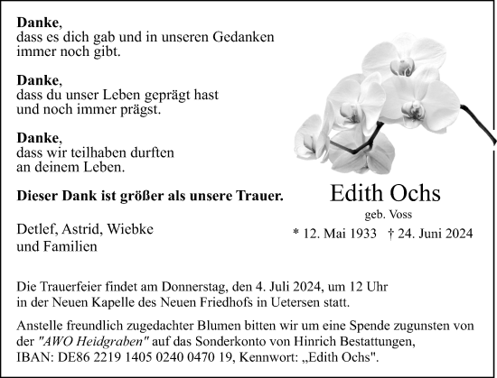 Traueranzeige von Edith Ochs von Uetersener Nachrichten, Der tip am Wochenende