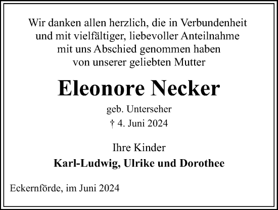 Traueranzeige von Eleonore Necker von Eckernförder Zeitung, Hallo Eckernförde