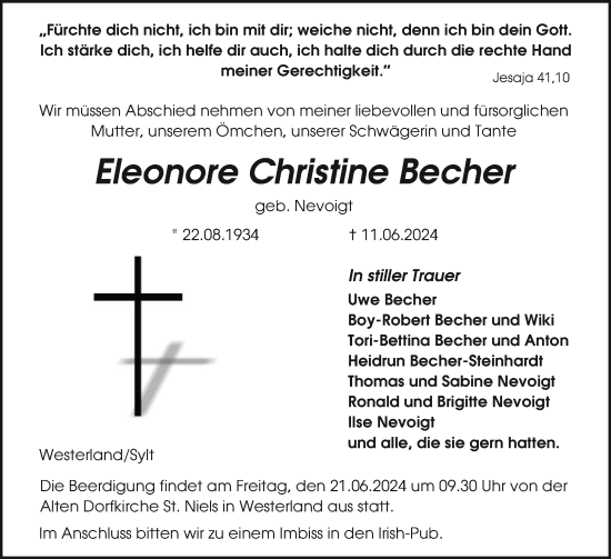 Traueranzeige von Eleonore Christine Becher von Sylter Rundschau