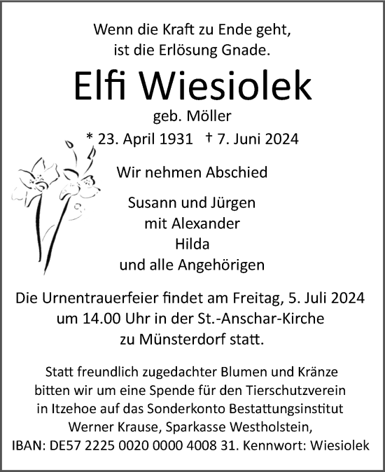 Traueranzeige von Elfi Wiesiolek von Norddeutsche Rundschau, Wilstersche Zeitung, Glückstädter Fortuna