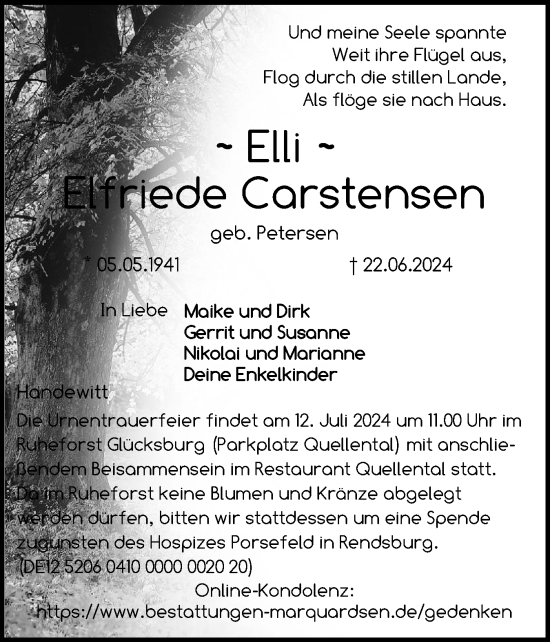 Traueranzeige von Elfriede Carstensen von Flensburger Tageblatt