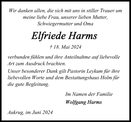 Traueranzeige von Elfriede Harms von Schleswig-Holsteinische Landeszeitung