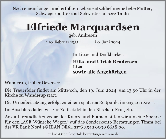 Traueranzeige von Elfriede Marquardsen von Flensburger Tageblatt