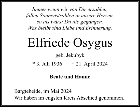 Traueranzeige von Elfriede Osygus von Stormaner Tageblatt