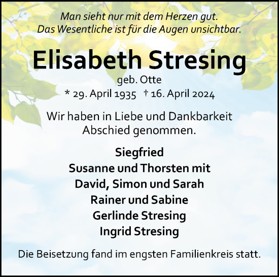 Traueranzeige von Elisabeth Stresing von Eckernförder Zeitung, Hallo Eckernförde