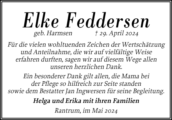 Traueranzeige von Elke Feddersen von Husumer Nachrichten, Nordfriesland Tageblatt