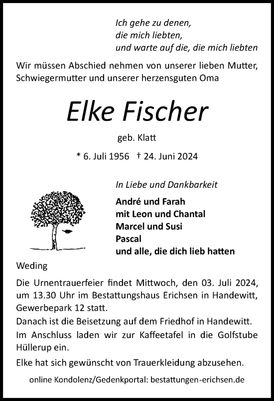 Traueranzeige von Elke Fischer von Flensburger Tageblatt