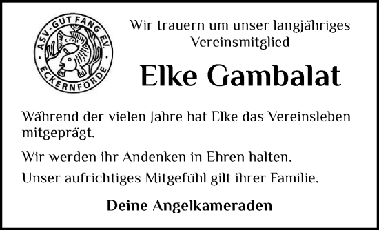 Traueranzeige von Elke Gambalat von Eckernförder Zeitung, Hallo Eckernförde