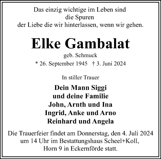 Traueranzeige von Elke Gambalat von Eckernförder Zeitung, Hallo Eckernförde