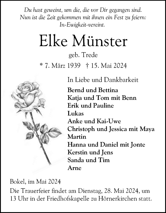 Traueranzeige von Elke Münster von Elmshorner Nachrichten, Barmstedter Zeitung