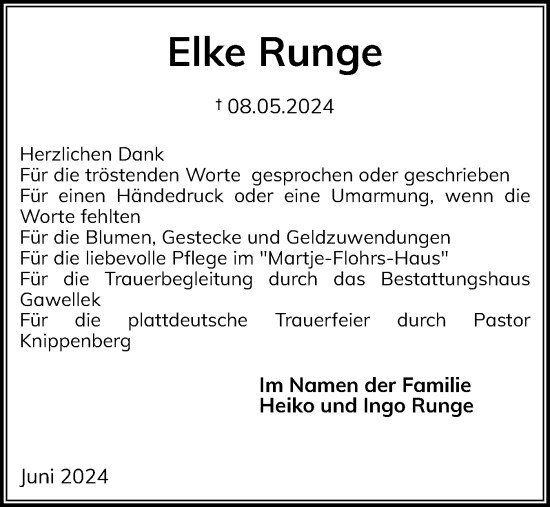 Traueranzeige von Elke Runge von Husumer Nachrichten, Nordfriesland Tageblatt