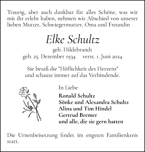 Traueranzeige von Elke Schultz von Norddeutsche Rundschau, Wilstersche Zeitung, Glückstädter Fortuna