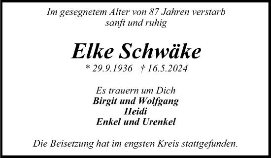 Traueranzeige von Elke Schwilke von Holsteinischer Courier