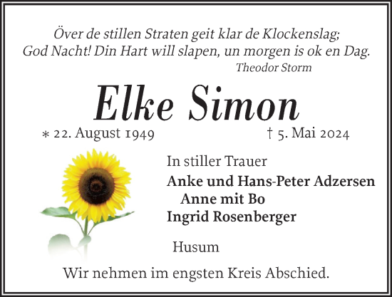 Traueranzeige von Elke Simon von Husumer Nachrichten, Nordfriesland Tageblatt