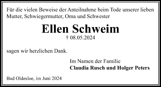 Traueranzeige von Ellen Schweim von Stormaner Tageblatt