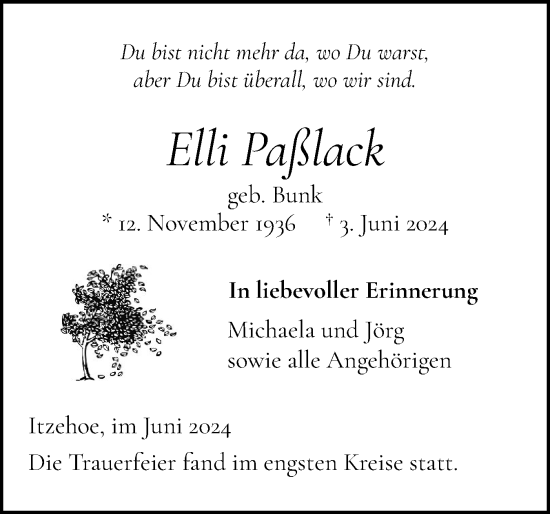 Traueranzeige von Elli Paßlack von Norddeutsche Rundschau, Wilstersche Zeitung, Glückstädter Fortuna