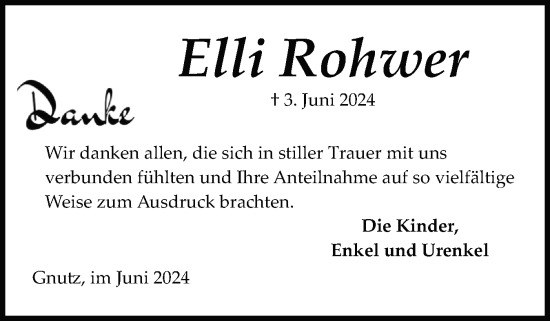Traueranzeige von Elli Rohwer von Schleswig-Holsteinische Landeszeitung