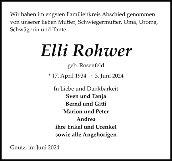 Traueranzeige von Elli Rohwer von Schleswig-Holsteinische Landeszeitung