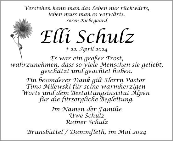 Traueranzeige von Elli Schulz von Norddeutsche Rundschau, Wilstersche Zeitung, Glückstädter Fortuna