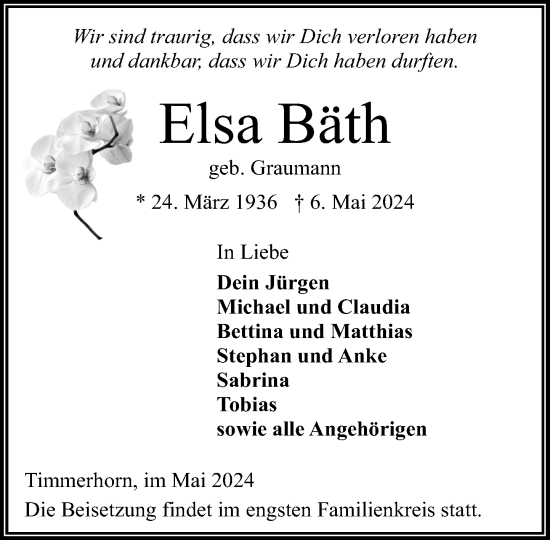 Traueranzeige von Elsa Bäth von Stormaner Tageblatt