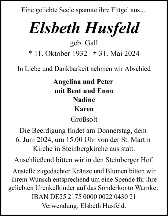Traueranzeige von Elsbeth Husfeld von Flensburger Tageblatt