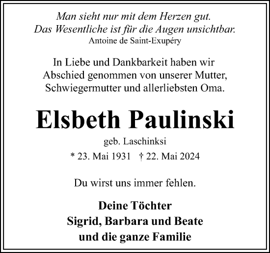 Traueranzeige von Elsbeth Paulinski von Eckernförder Zeitung, Hallo Eckernförde