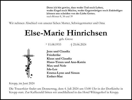 Traueranzeige von Else-Marie Hinrichsen von Schleswig-Holsteinische Landeszeitung