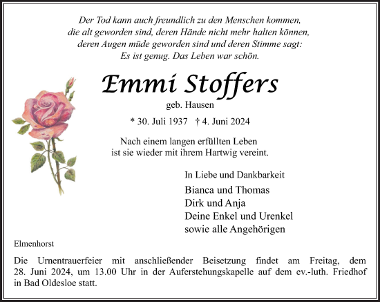 Traueranzeige von Emmi Stoffers von Stormaner Tageblatt