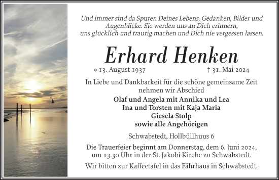 Traueranzeige von Erhard Henken von Husumer Nachrichten, Nordfriesland Tageblatt
