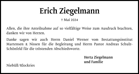 Traueranzeige von Erich Ziegelmann von Region Westküste
