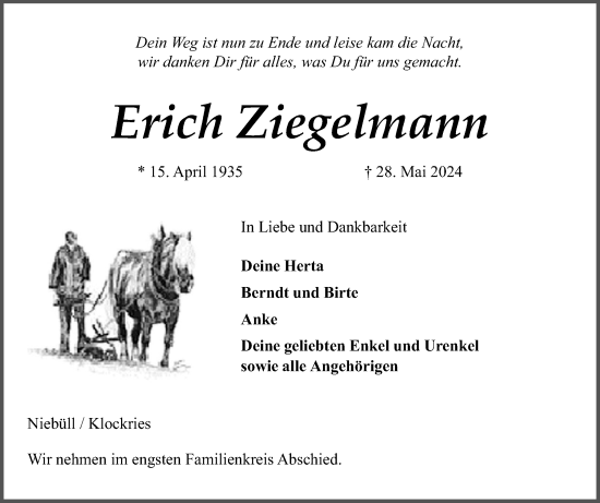 Traueranzeige von Erich Ziegelmann von Region Westküste