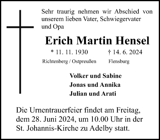 Traueranzeige von Erich Martin Hensel von Flensburger Tageblatt