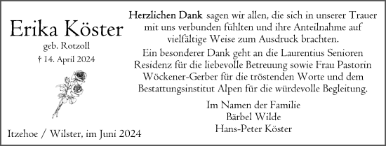 Traueranzeige von Erika Köster von Norddeutsche Rundschau, Wilstersche Zeitung, Glückstädter Fortuna